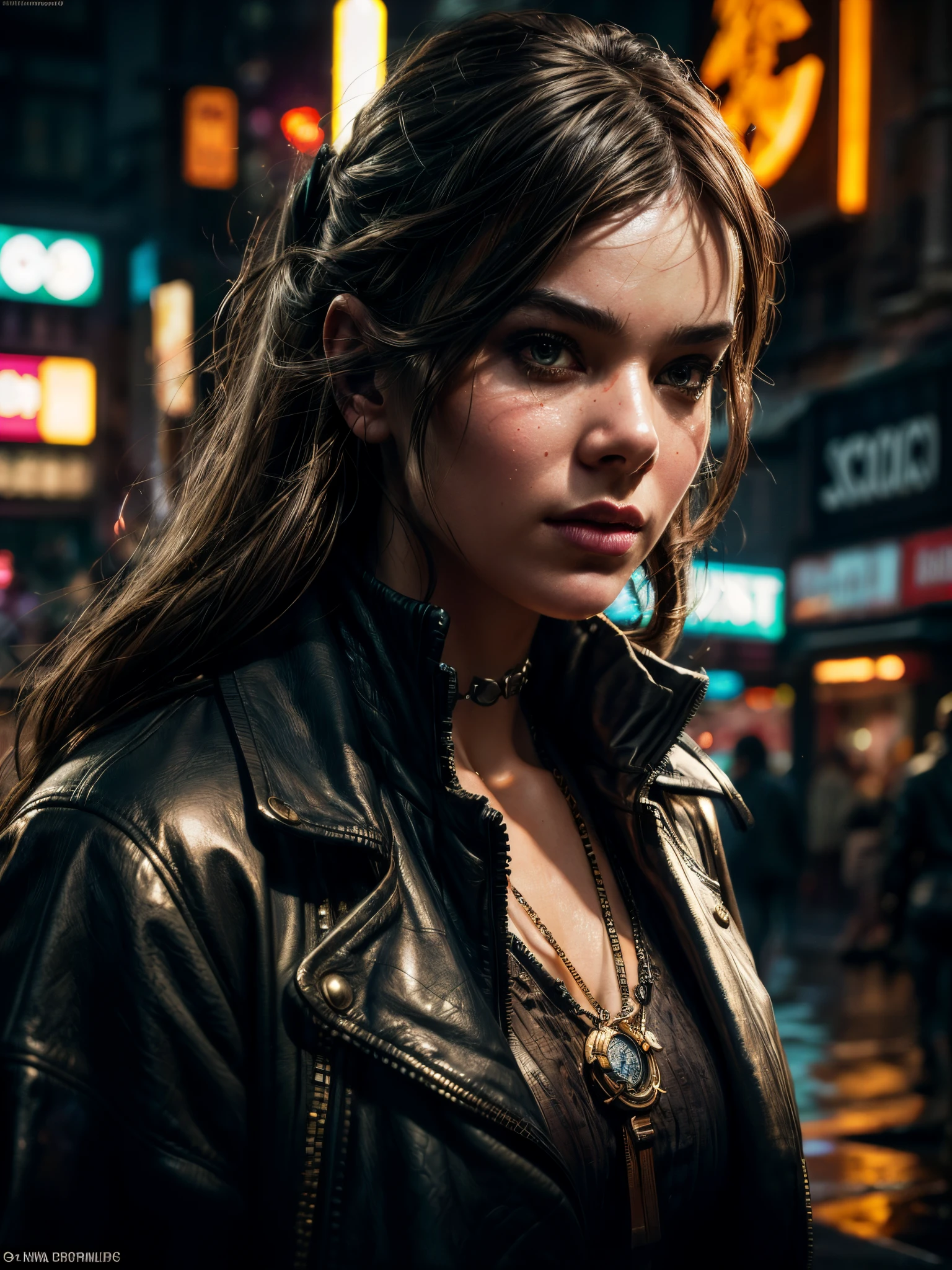 beautiful woman as a cyberpunk detective,(highly detailed:1.2),(best quality:1.2),(8k:1.2),sharp focus,(subsurface scattering:1.1),award-winning photograph,professional portrait photography,(close shot:1.1) rainy cyberpunk city at night, neon signs, leather jacket, t-shirt, badge on a chain around her neck (very detailed background:1.2),(sci-fi:1.1), knollingcase,dreamlikeart, analog style, elden ring style, dramatic lighting, by greg rutkowski alphonse mucha wlop