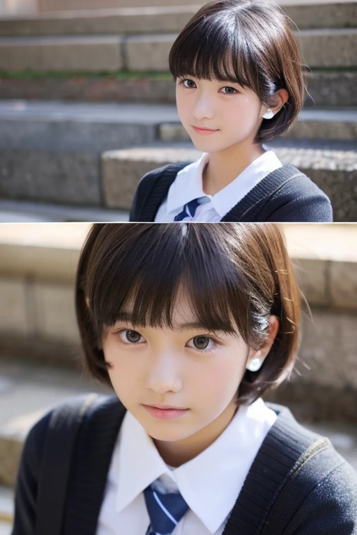 short-cut、Ears out、A dark-haired、junior high and high school girls、modeled、idol、On campus、a miniskirt、teen