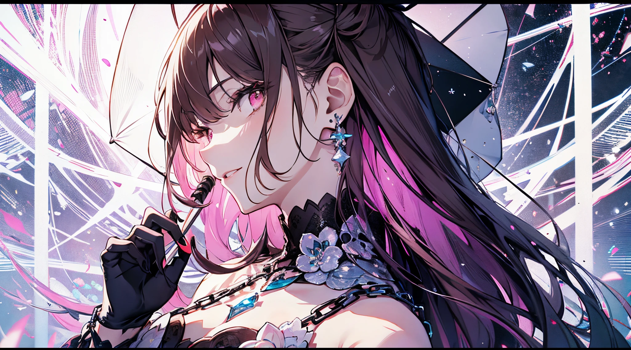 ((tmasterpiece:1.4,Best quality))+,(hyper-detailing)+,(詳細な目:1.5)+,(deer ear:1.5),highlight pink
(cute girls),ar old,(a pink eyes:1.15),(Brown hair long,Low double ponytail:1.5),wariza:1.2),pale-skinned,seduct smile,blue crystal block earrings,White veil,lavender hat,half closed eye,
(She is wearing pink casual clothes:1.5),(white pearl bracelet:1.4),Sakura tiara,dense fog,white colossus,rednails,red apple,metal chains,White silk gloves,cropped shoulders,bust,Holding an oil-paper umbrella,
(Fashion girl:1.1),
(dawn light:1.2),
(Thick black and white:1.16),(depth of fields:1.4),Complicated details,color mixing,Detailed route,Excellent,super detailing,The content is very detailed,(hight contrast:1.11),ventania,Amazing cleavage,beautidful eyes,messy hair,(best illuminate,Extremely Delicately Beautiful), ((movie light lighting)), (seen from the side:1.3),8K,tmasterpiece,Best quality,cinematic Film still from,1 plump girl,(Close-up cleavage:1.1),bright,Interesting,gentlesoftlighting,(bauhause,shape,line engineering,Abstract:1.1)offcial art, Unity 8k壁纸, ultra - detailed, Beautiful and beautiful, tmasterpiece, Best quality, (dynamic angle:1.4),Perfect NwsjMajic,(tmasterpiece,top-quality,Best quality,offcial art,Beauty and aesthetics:1.2),The content is very detailed,rich colourful,highest details,
