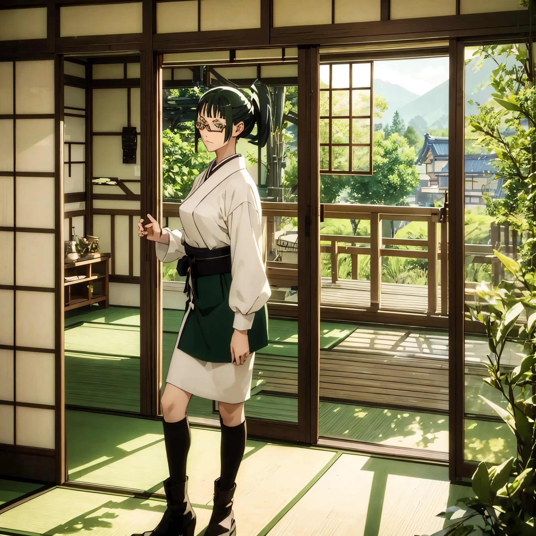 Masterpiece, best quality, green hair, golden eyes, glasses, traditional Japanese house