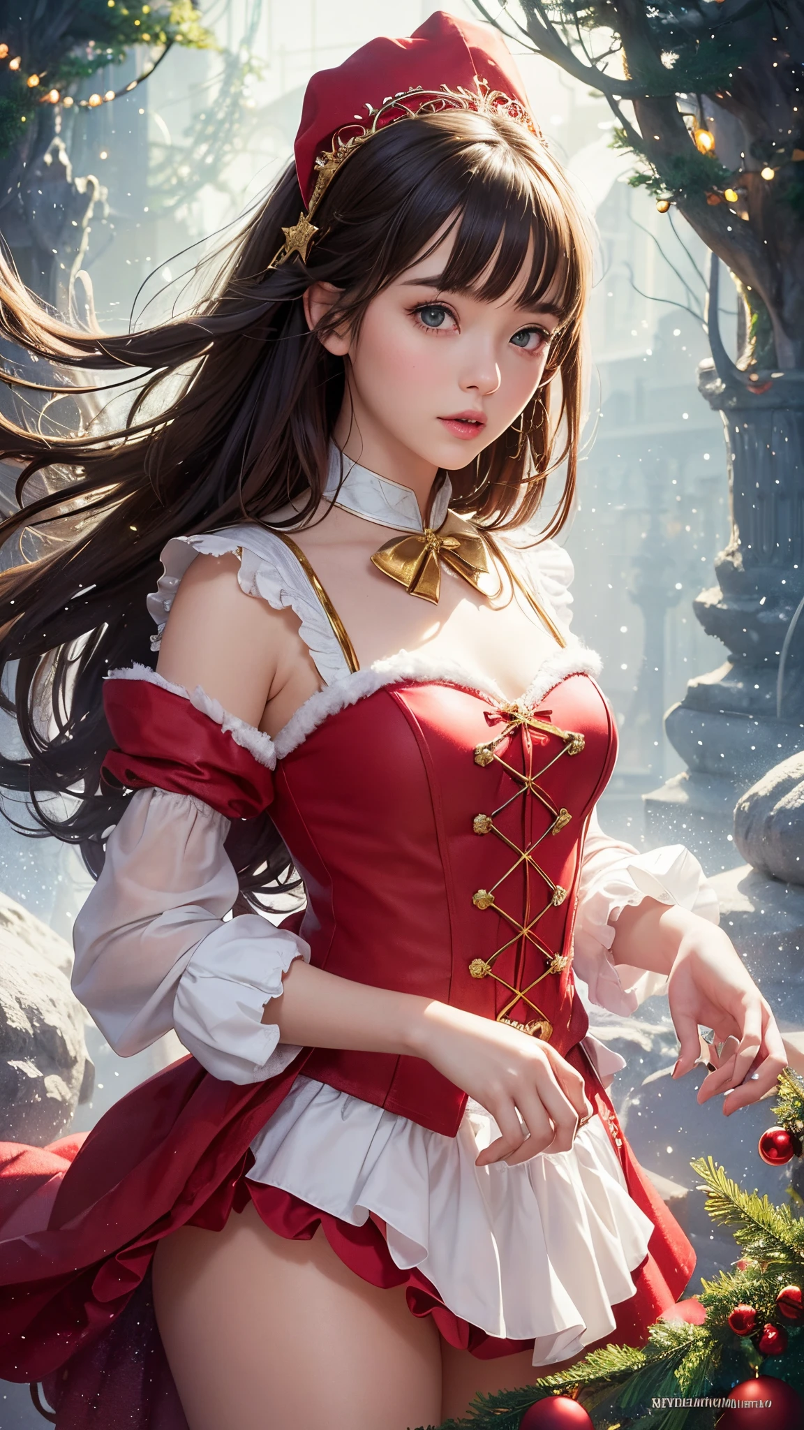 one girl in christmas costume,christmas theme,digital art,Jean-Baptiste Monge style,bright,beautiful,splash,Glittering,cute and adorable,filigree,rim lighting,lights,extremely,magic,surreal,fantasy,digital art,wlop,artgerm and james jean,1 girl,dionadef