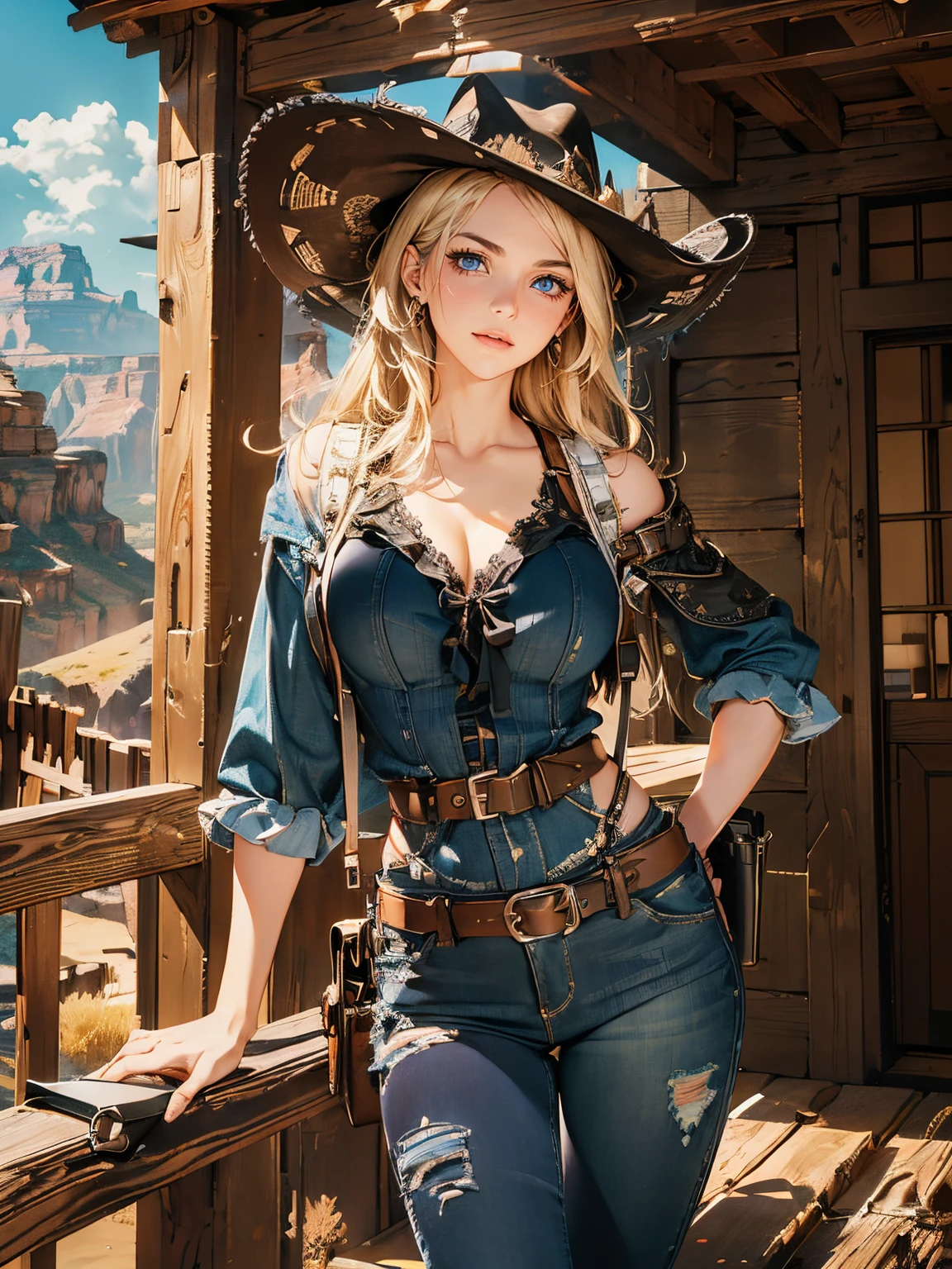 8K、masterpiece, top-quality, The ultra -The high-definition, Top resolution, ighly detailed, profetional lighting, Orange Light Lighting、Wild west、western desert、old wooden ruins、FULL BODYSHOT、Beautuful Women、1a person、(realistic skin textures, Photorealistic))、((A detailed face,Round facial contours,Beautiful face,Detailed beautiful eyes, Beautiful eyelashes, Blue eyes, Almond Eye、perfecteyes))、 a blond、Black cowboy hat、cowboy boots、(High laughter:1.2)、The chest measurement is slightly larger than M size、Sportsbra、corsets、fringe trim、Black cowboy hat、embroideries、Tattered jeans with holes、Short jeans、Gun holster on the waist、waist gun belt holster、tactical shoulder holster、leaning against a wooden building、Low angle from below、grand canyon desert、realistic western landscape