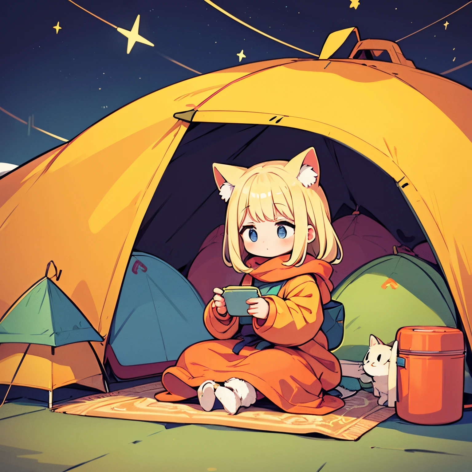 Wide illustration in a simple and パステルカラー palette, emphasizing the cat like girl, inspired by 'Yuru Camp△', as she sits among an extensive collection of camping equipment, from tents to advanced cooking gear, with a vintage motorcycle adding a touch of nostalgia, all under a gently blurred starlit winter sky.