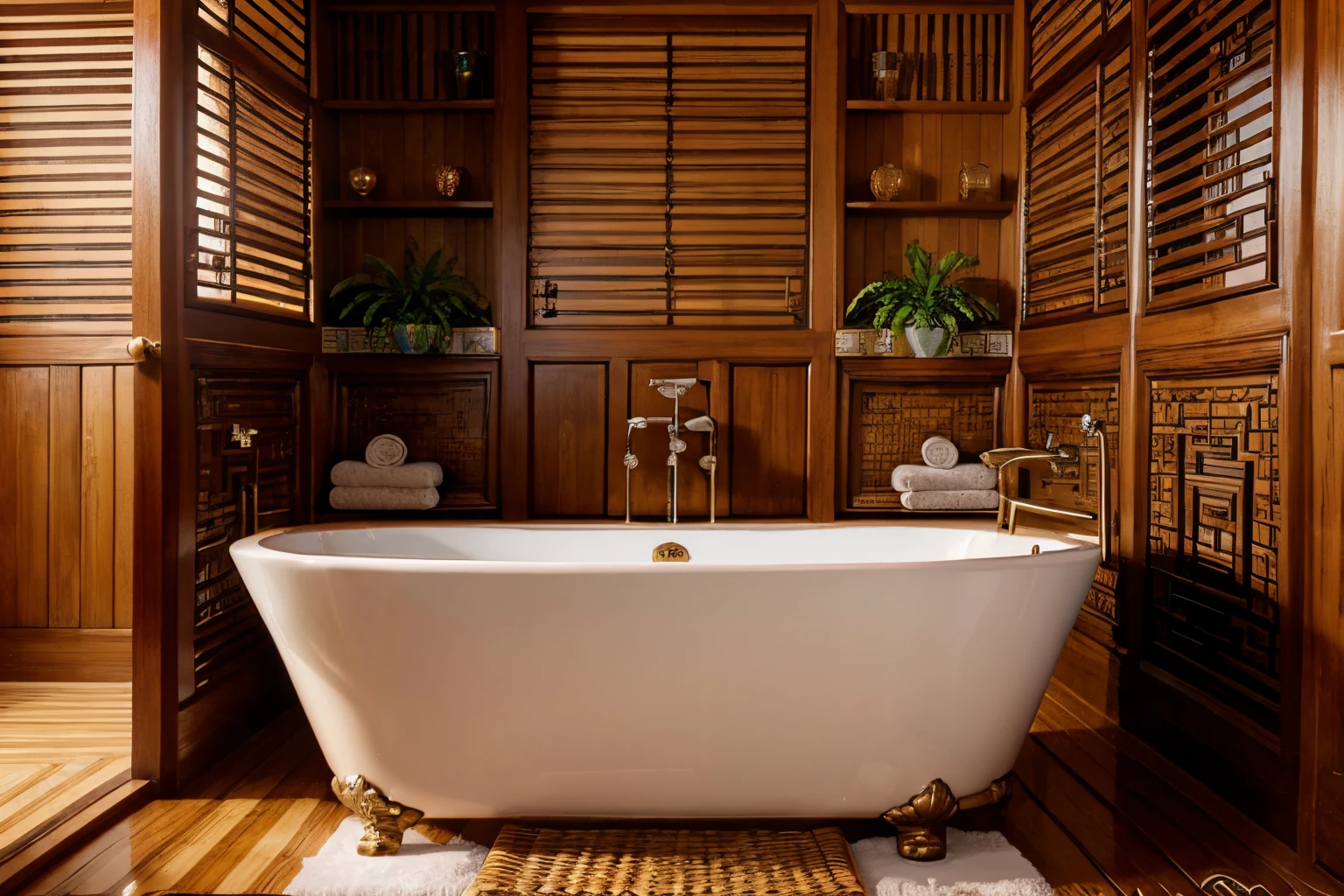 (indochina design bath room :1.3), (photo realistic:1.2), (supper detail:1.2),1bed, 1 chair, classical chinese style pattern for the wall, 2 indochina chair, indochina style of cabinet, orange wall, indoor, (blackken wood :.1), indochina panel door indoor, (The ceiling is made from woven rattan sheets and lintels), daylight, Unreal Engineer 8K, full HD 8K