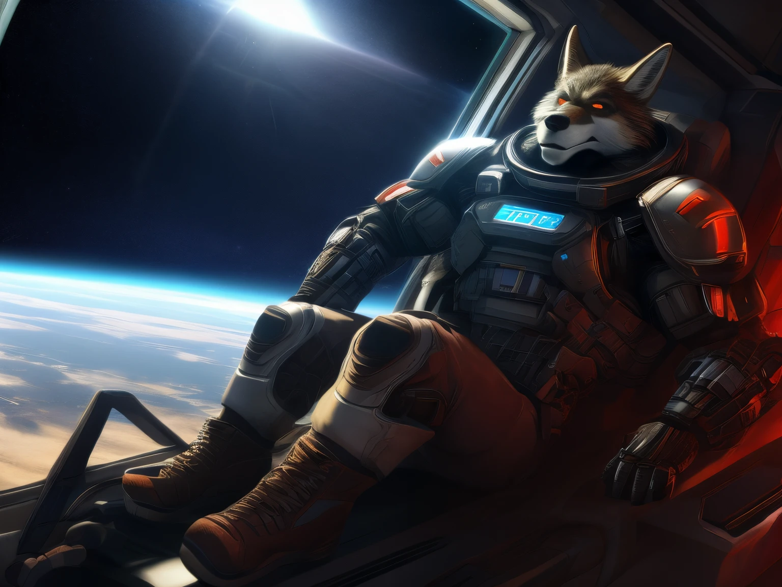 A coyote, muscle, wear swat armor, black underwear leather glove and riding boots, a space ship interior, jumped, looking, Window and Earth, furry, anime