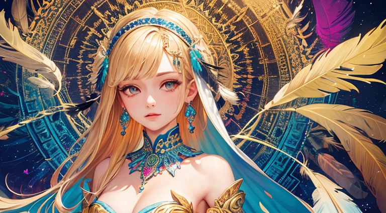 one-girl, breast,cropped shoulders,golden hair,Colorful feathers,Metal jewelry,colored flowers,Particle,llight rays,(masterpiece, top quality, best quality, official art, beautiful and aesthetic:1.2), (1girl:1.3), extremely detailed,(fractal art:1.1),(colorful:1.1)(flowers:1.3),highest detailed,(zentangle:1.2), (dynamic pose), (abstract background:1.3), (shiny skin), (many colors:1.4), ,(earrings:1.4), (feathers:1.4), spider