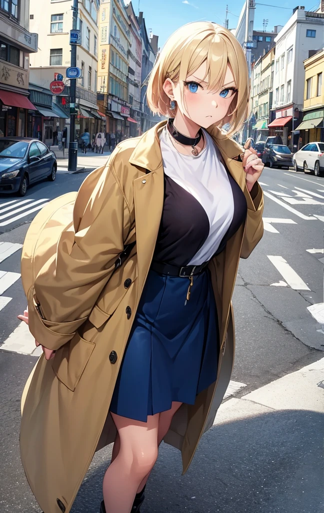 2D Anime Style、Beautiful blue eyes, (Talented lo-fi:1.3),breasts are slightly larger、Blonde shorthair,Cool adult woman with an angry expression.,Beautiful fashion,Wear a long coat,walking in city,European-style cityscape,