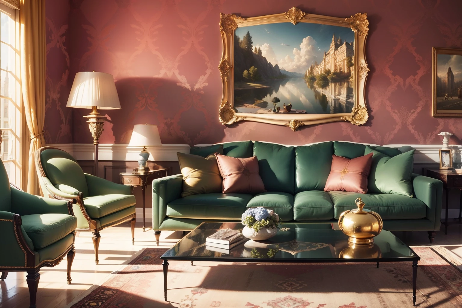 (a refined rétaurant room experience), a girl stepped into the living room, feeling as if she entered an exquisite art gallery. The ceiling is high, adorned with modernist oil paintings that are vibrant and full of life. The sofa is upholstered with top-grade velvet material, providing a touch as soft as silk. Cloud-shaped chandeliers and marble sculptures intertwine, creating an atmosphere of art and luxury. The decorative pieces are thoughtfully arranged, each resembling a masterpiece created by an artist. In this meticulously designed space, I couldn't help but be captivated by the unique charm of art. (best quality,4k,8k,highres,masterpiece:1.2),ultra-detailed,(realistic,photorealistic,photo-realistic:1.37), sophisticated colors, vivid hues, studio lighting