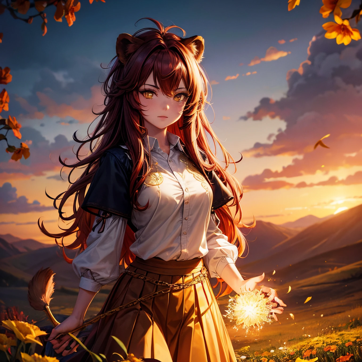 Lion girl with dark red hair and yellow eyes ,Perfect detailed eyes,magic field of many colored flowers, High detailed, Portrait,32K,high resolution, cinematic,Campfire,skirt and shirt,light tanned,lion tail,