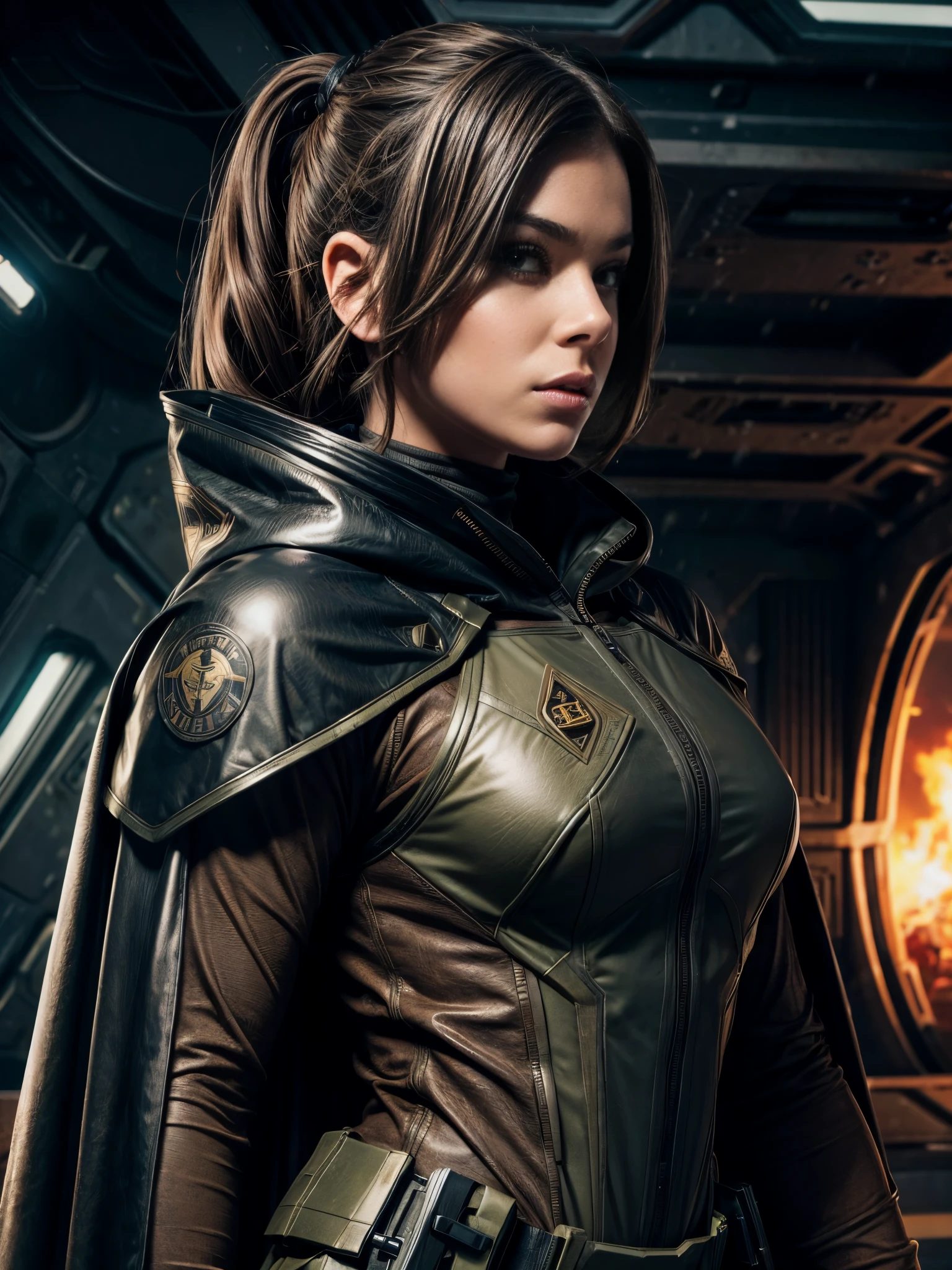 attractive woman in combat clothes, solo,beautiful face, brown hair,black battle suit, sci-fi, science fiction, cape, leather hood,