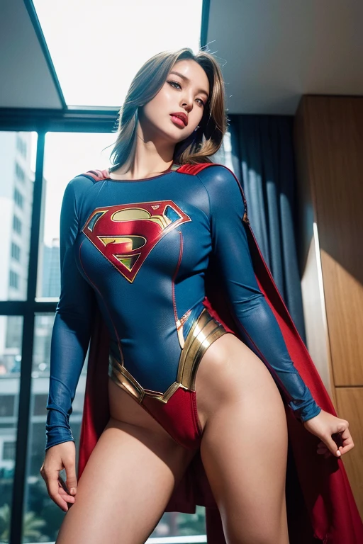 (Supergirl, erotic expression, Perfect American Female Goddess Girl, Incredible beauty, stunning), designated female body, Fair-skinned, light short hair, green eyes, Perfect beautiful face, perfect breasts: 1.5, (Muscle body: 1, 1), Flexible body, wear clothes ((Superguy)) A sexy swimsuit stuck in her that her pubic hair., She wore a skirt showing off her ultra-thin transparent panties stuck in her pussy.)), armature, Large, long breasts protruded from her clothes., The breasts are large and long, protruding from the cleavage., Hot Ass, Sexy, beautiful image, (Erotic armor Supergirl, Panties to the side), Depth of Field, Cinematic lighting, reflection light, bestquality, hard disk, 11, UHD, anatomically correct , masterpiece, High Quality, Tall, hard disk, realistic photo, ultra-detail, ((Perfect photos, Shot from the bottom up, showing panties stuffed into the pussy under the skirt.)), She was flying in a skirt with no panties on. , Upskirt, , ,