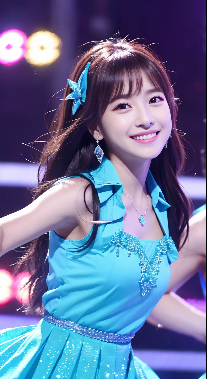 Best Quality、 hight resolution、 perfect detail, Photorealsitic、 A beautiful and cute girl、dance on stage、 Idol groups、Favorite girl、A smile