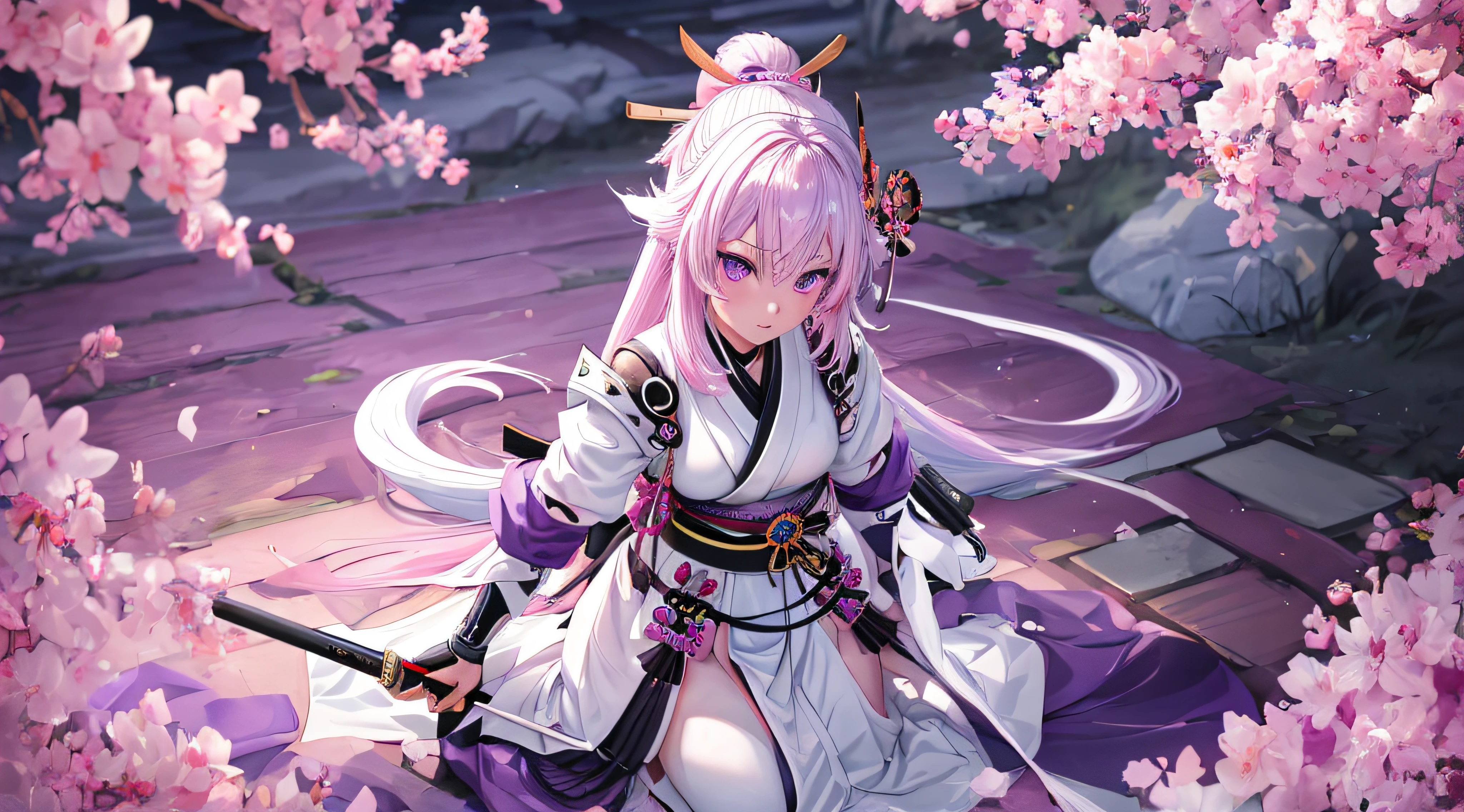 1 girl, white and pink hair, purple eyes,  samurai, absurdres, high res, ultrasharp, 8K, masterpiece, looking at viewer, nsfv