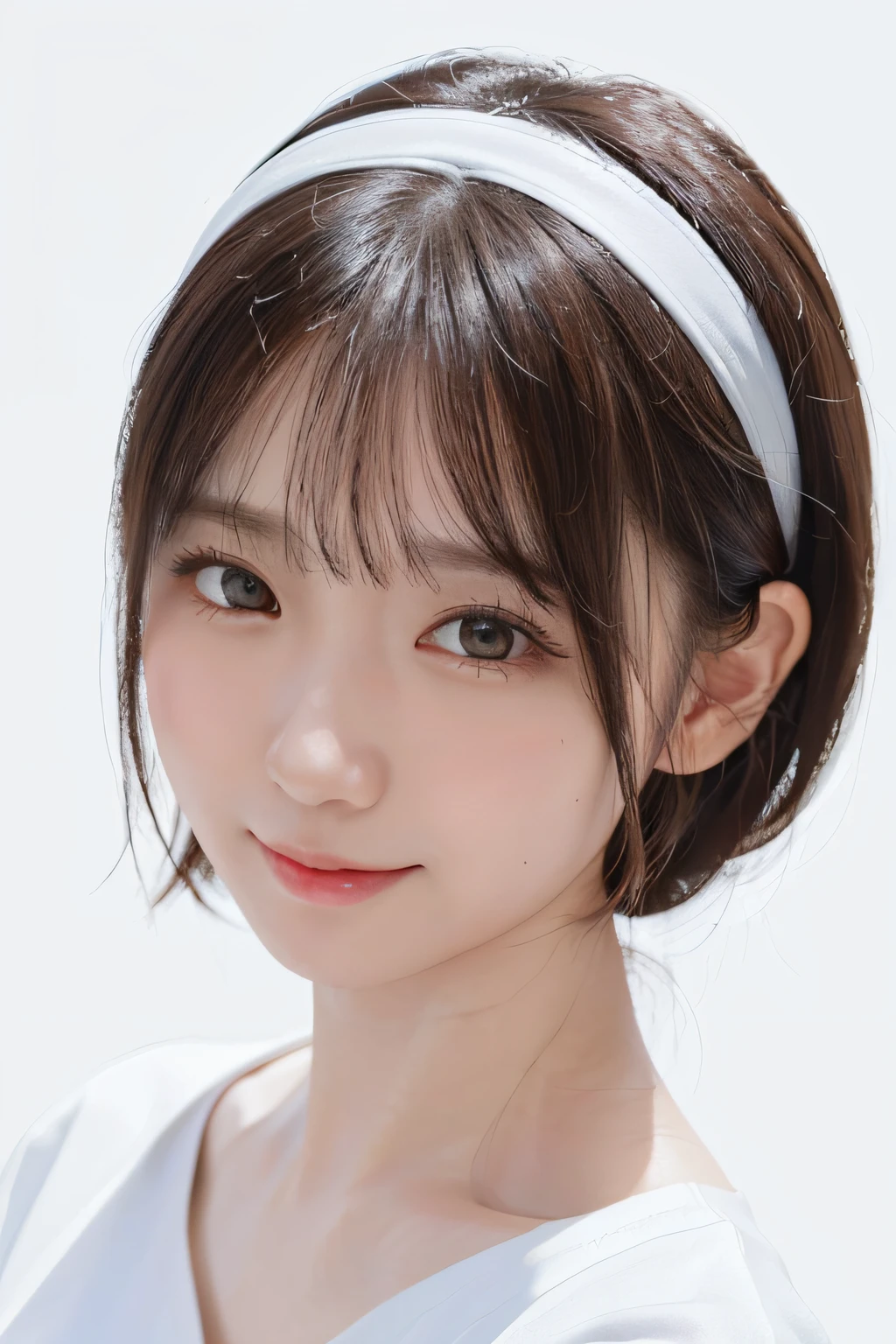 masterpiece, top-quality, 8K, white shirt, white hairband、13Pretty girl years old, Clean face, looking at the viewers, A smile, A hyper-realistic, hight resolution, film grains, foco nítido, nffsw, face lights, 电影灯光, Professional Shadows, simple background, (White background:1.4), highestdetailed, ighly detailed, ultra-detailliert, finely detail, authentic skin, delicated facial features, detailed faces and eyes, Sharp pupils、Realistic pupils
