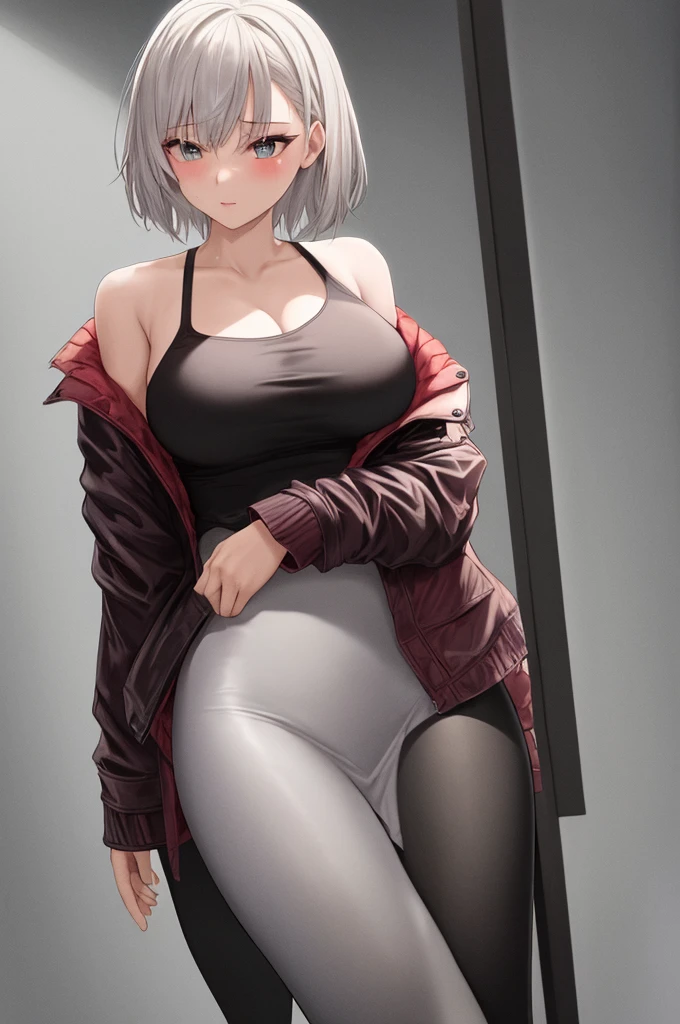 masterpiece, best quality, (1girl), white dress, darker hair, short hair, big jacket, off shoulder, leggings, (large breasts:0.899), adult, flirting