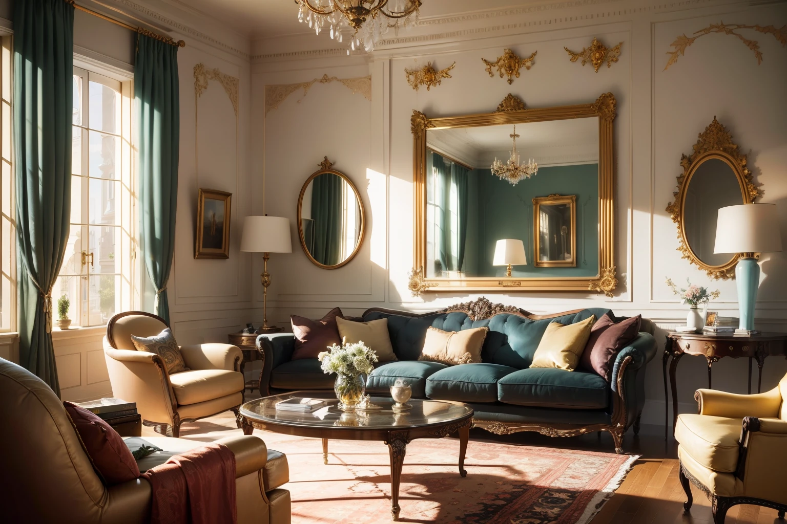 Architectural Digest photo of a living room , golden light, hyperrealistic surrealism, award winning masterpiece with incredible details, epic stunning --auto --s2