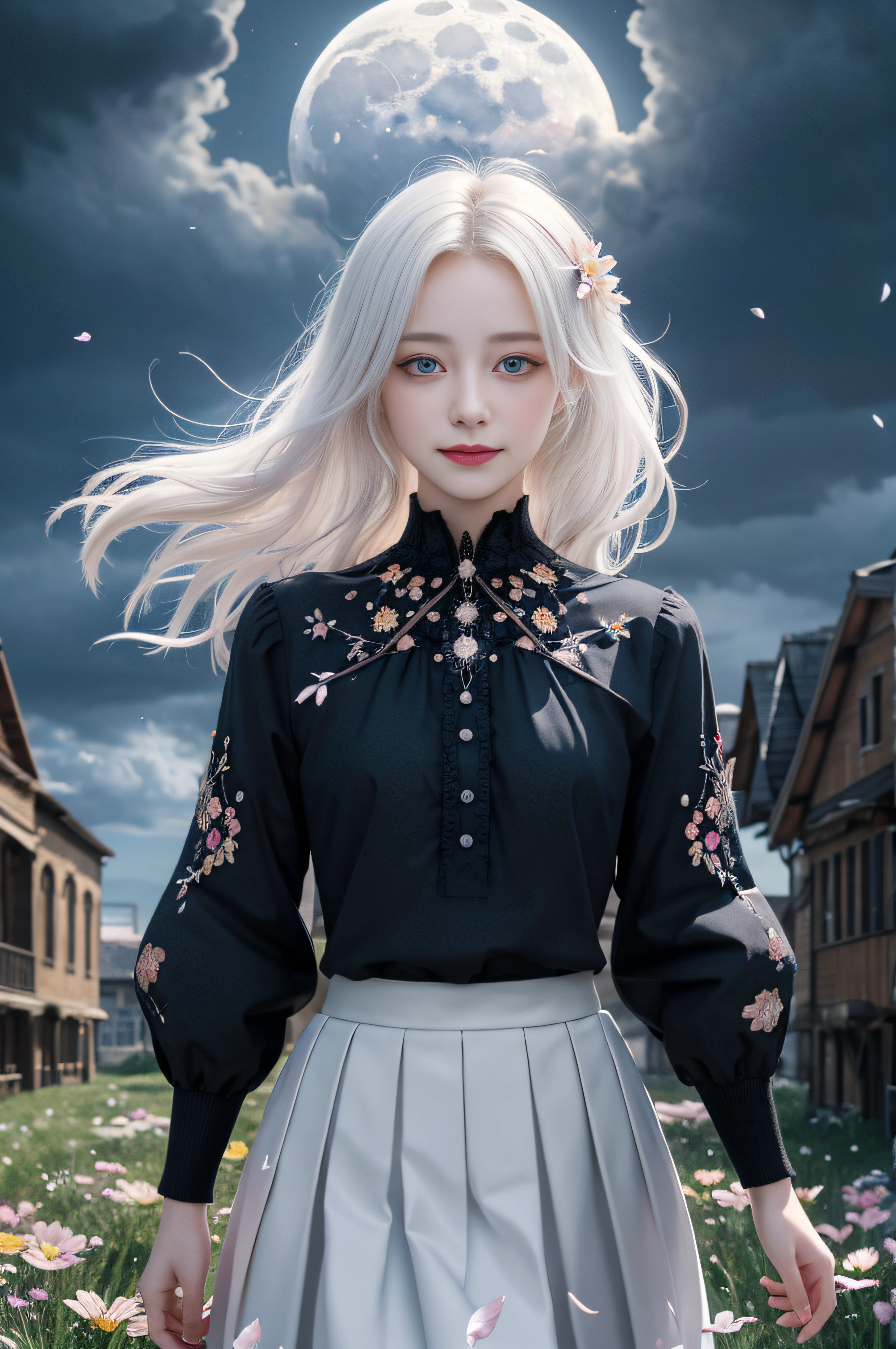 masterpiece, best quality,, 1girl, (colorful),(finely detailed beautiful eyes and detailed face),cinematic lighting,bust shot,extremely detailed CG unity 8k wallpaper,white hair,solo,smile,intricate skirt,((flying petal)),(Flowery meadow), sky, cloudy_sky, building, moonlight, moon, night, (dark theme:1.3), light, fantasy,