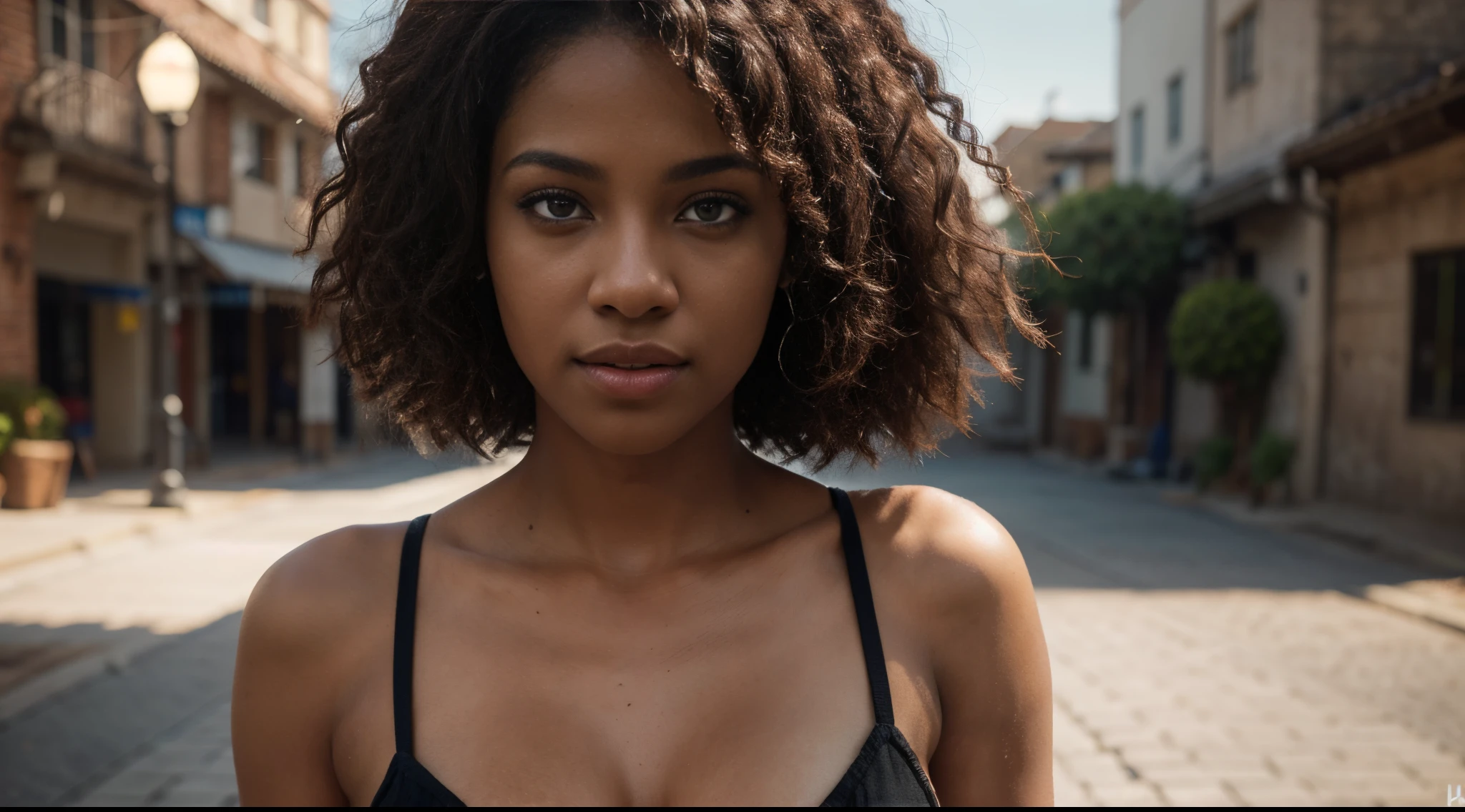 dark skinned female model,african decent,tight curly hair in a small Afro,wearing a deep v sundress,beautiful detailed eyes,beautiful detailed lips,extremely detailed eyes and face,longeyelashes,(best quality,4k,8k,highres,masterpiece:1.2),ultra-detailed,(realistic,photorealistic,photo-realistic:1.37),HDR,UHD,studio lighting,ultra-fine painting,sharp focus,physically-based rendering,extreme detail description,professional,vivid colors,bokeh,portraits,landscape,horror,anime,sci-fi,photography,concept artists,warm-toned lighting.