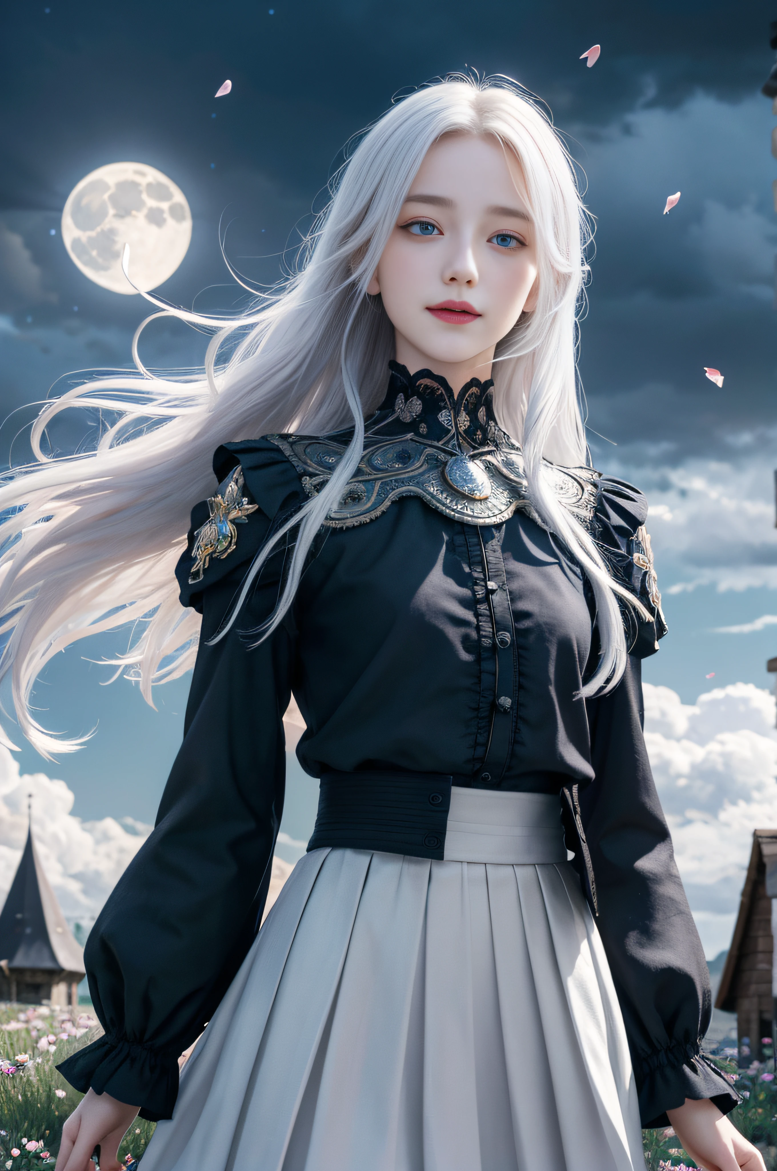 masterpiece, best quality,, 1girl, (colorful),(finely detailed beautiful eyes and detailed face),cinematic lighting,bust shot,extremely detailed CG unity 8k wallpaper,white hair,solo,smile,intricate skirt,((flying petal)),(Flowery meadow), sky, cloudy_sky, building, moonlight, moon, night, (dark theme:1.3), light, fantasy,