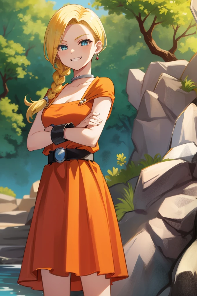 dqBianca,single braid, earrings, choker, orange cape, green dress, belt,evil smile,evil grin,from_below