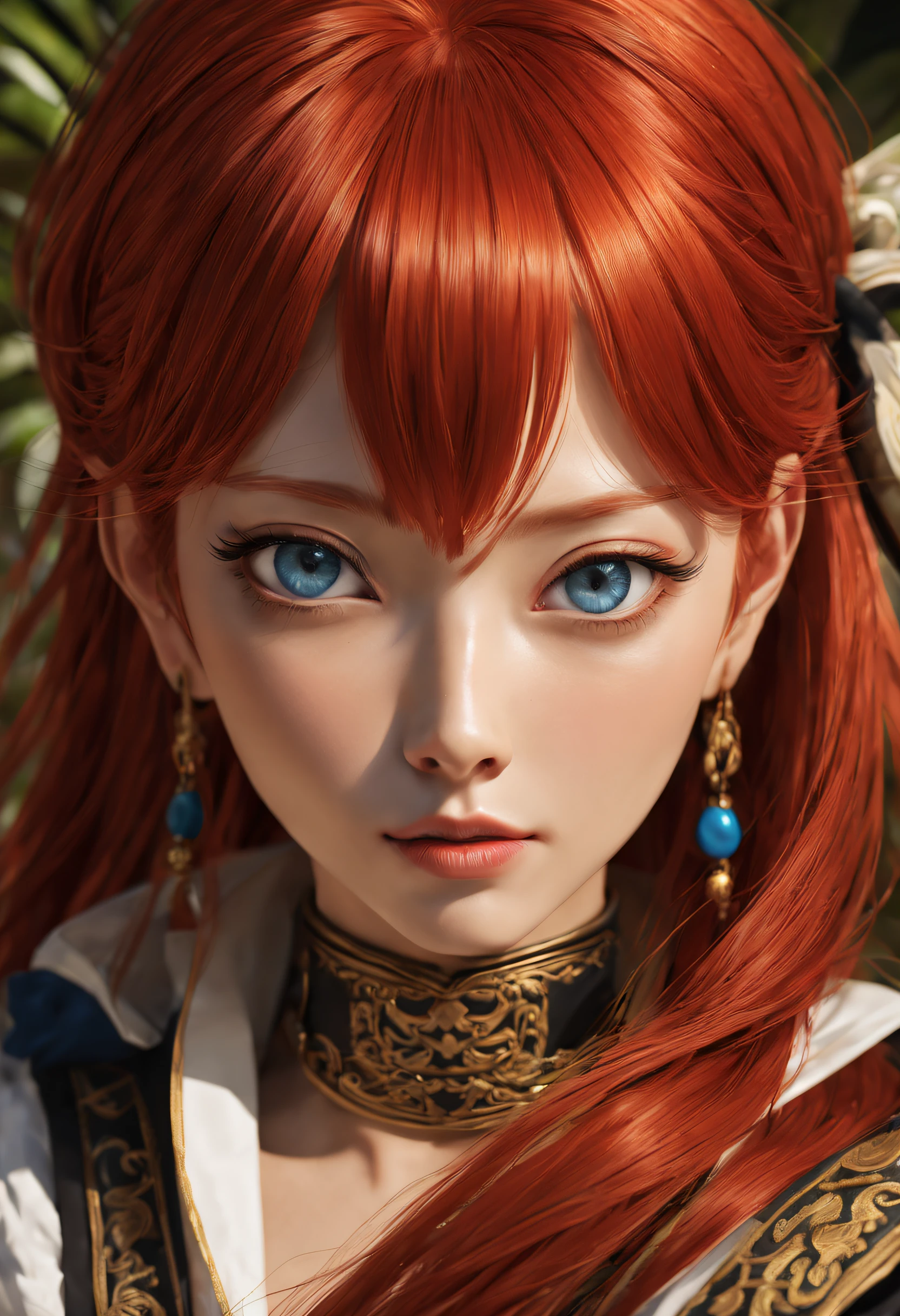 Japanese cartoon, (((Portrait of the Tao))), A woman who is, (((one red hair))), (((eBlue eyes))), (((female pirate)), 8K, unreal-engine, octaneratingrendering, by kyun, Nervous, Yin Jianzhi, G.to the, schoolboy, shuroop, Serious, domi, noah, Hot topics on pixiv, fan box, Skibb, tmasterpiece, smooth soft skin, Fantastic Big Eyes, beautiful intricate colored hair, Symmetrical, Anime keep your eyes open, gentlesoftlighting, concept-art, digitial painting, tropical island