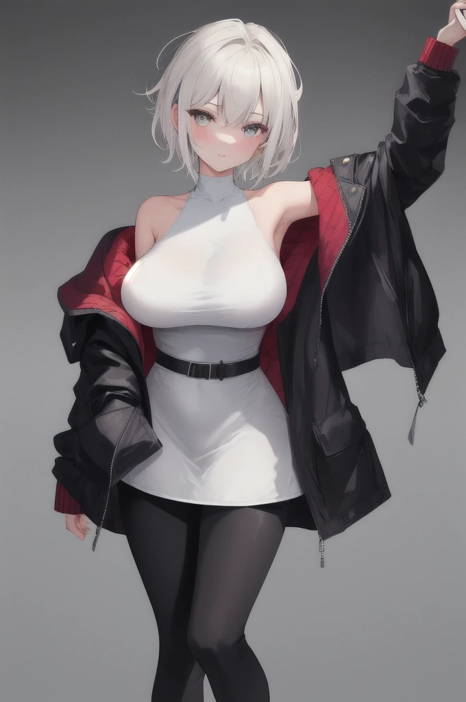 masterpiece, best quality, (1girl), white dress, darker hair, short hair, big jacket, off shoulder, leggings, (large breasts:0.899), adult, flirting