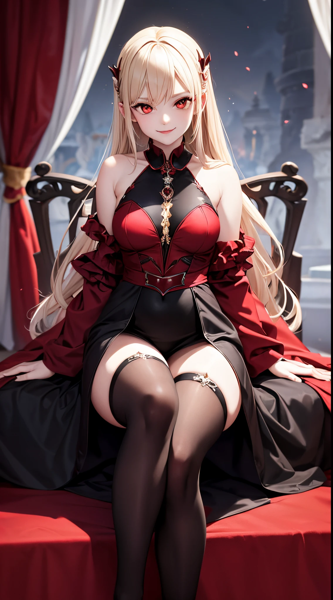 ((best quality)), ((masterpiece)), (detailed), perfect face, Red Riding Hood, nude, large breasts, thin waist, long thin legs, stockings, high heels, corset, garder belt, very tgin body, dense overgrown forest, epic view, wide view, wolf, large wolf