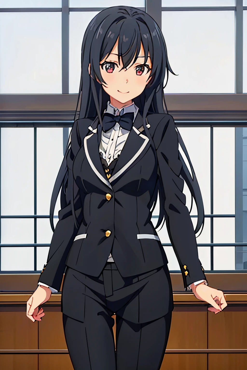 (best quality,ultra-detailed),Yukinoshita Yukino in a tuxedo tailcoat,gently smiling,standing in a magnificent ballroom,filled with soft warm lighting,dressed in an elegant black and white ensemble,her eyes full of determination,with snowflakes subtly falling in the background,enveloped in an ethereal atmosphere,featuring delicate cherry blossom petals floating around her,showcasing her graceful and refined aura,depicted in an anime visual style,with vibrant colors and rich textures,conveying a sense of elegance and sophistication.