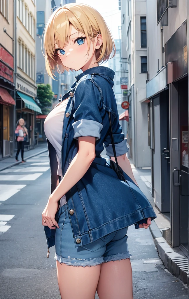 2D Anime Style、Beautiful blue eyes(Talented lo-fi:1.3),breasts are slightly larger、Blonde Shorthair,Cool adult woman with a serious expression.,Tops made of knitted material,The stomach is visible,Denim shorts,Wear a long coat,walking in city,European-style cityscape,
