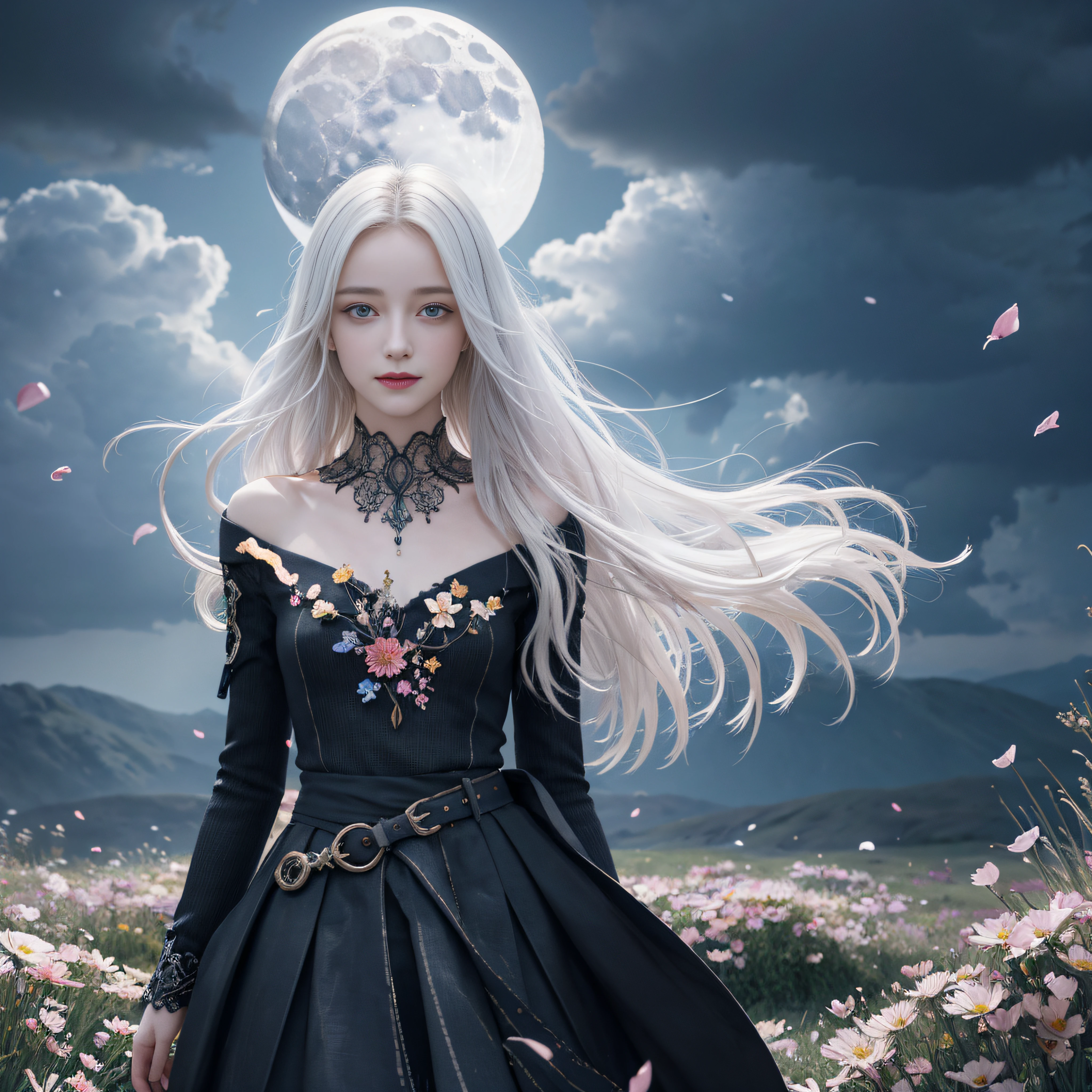 masterpiece, best quality,, 1girl, (colorful),(finely detailed beautiful eyes and detailed face),cinematic lighting,bust shot,extremely detailed CG unity 8k wallpaper,white hair,solo,smile,intricate skirt,((flying petal)),(Flowery meadow), sky, cloudy_sky, building, moonlight, moon, night, (dark theme:1.3), light, fantasy,