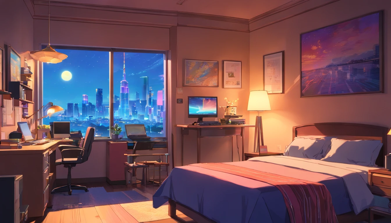 3D animated movie stills of comfortable room, Large windows with city view at night, Crested Moon, Melancholic, Grief vibes, The bed is not made, Computer desk, Cluttered furniture, Otaku style poster on the wall and guitar in the corner,In the style of Pixar, Disney, vaporwave