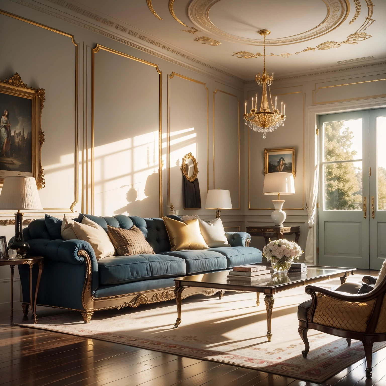 Architectural Digest photo of a living room , golden light, hyperrealistic surrealism, award winning masterpiece with incredible details, epic stunning --auto --s2