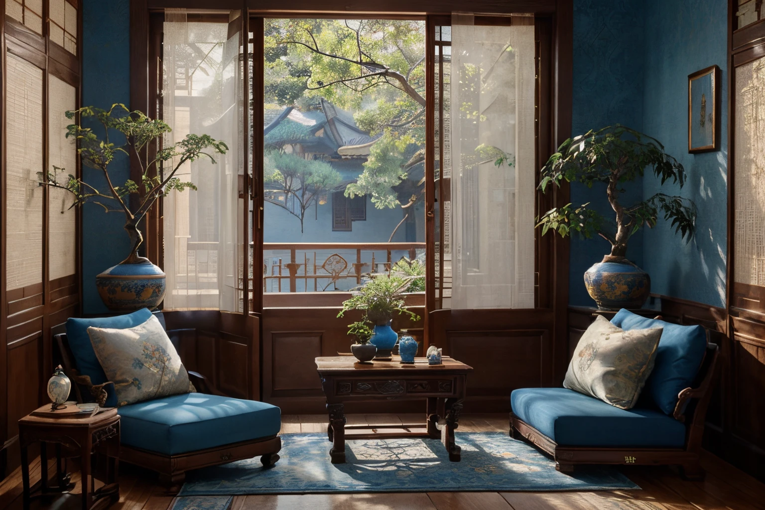 (antique interior design), Chinese home furnishings, round porch, depth, symmetrical design, ((antique carved door beams, carved beam paintings, tables and chairs, bonsai, vases, porcelain, trees, flowers, Chinese lamps, embroidery, screens, beds, cushions, blue sand curtains)), exquisite home, rich details, ancient Chinese Ming Dynasty style, quiet and elegant atmosphere, blue tones as the keynote, exquisite and soft painting style, cinematic lighting effects, HD picture quality, soft light, Tyndall effect, dreamy, rich details, Reference Gu Kaizhi, 32k, high quality, high resolution, (very detailed CG unity 8k wallpaper)