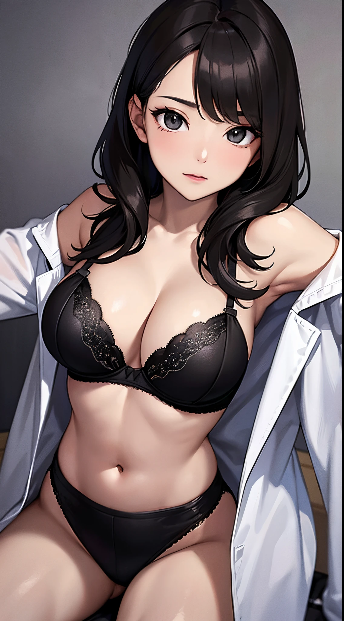 top-quality　Dark hair　Young woman　(((bra very)))　(((Black bra)))