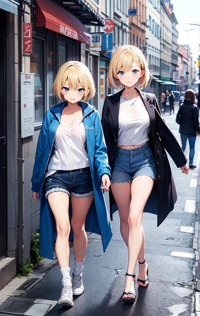 2D Anime Style、Beautiful blue eyes(Talented lo-fi:1.3),breasts are slightly larger、Blonde Shorthair,Cool adult woman with a serious expression.,Tops made of knitted material,Denim shorts,Wear a long coat,walking in city,European-style cityscape,