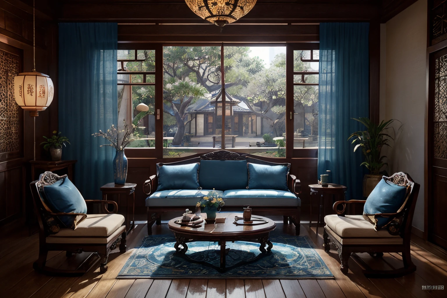 (antique interior design), Chinese home furnishings, round porch, depth, symmetrical design, ((antique carved door beams, carved beam paintings, tables and chairs, bonsai, vases, porcelain, trees, flowers, Chinese lamps, embroidery, screens, beds, cushions, blue sand curtains)), exquisite home, rich details, ancient Chinese Ming Dynasty style, quiet and elegant atmosphere, blue tones as the keynote, exquisite and soft painting style, cinematic lighting effects, HD picture quality, soft light, Tyndall effect, dreamy, rich details, Reference Gu Kaizhi, 32k, high quality, high resolution, (very detailed CG unity 8k wallpaper)