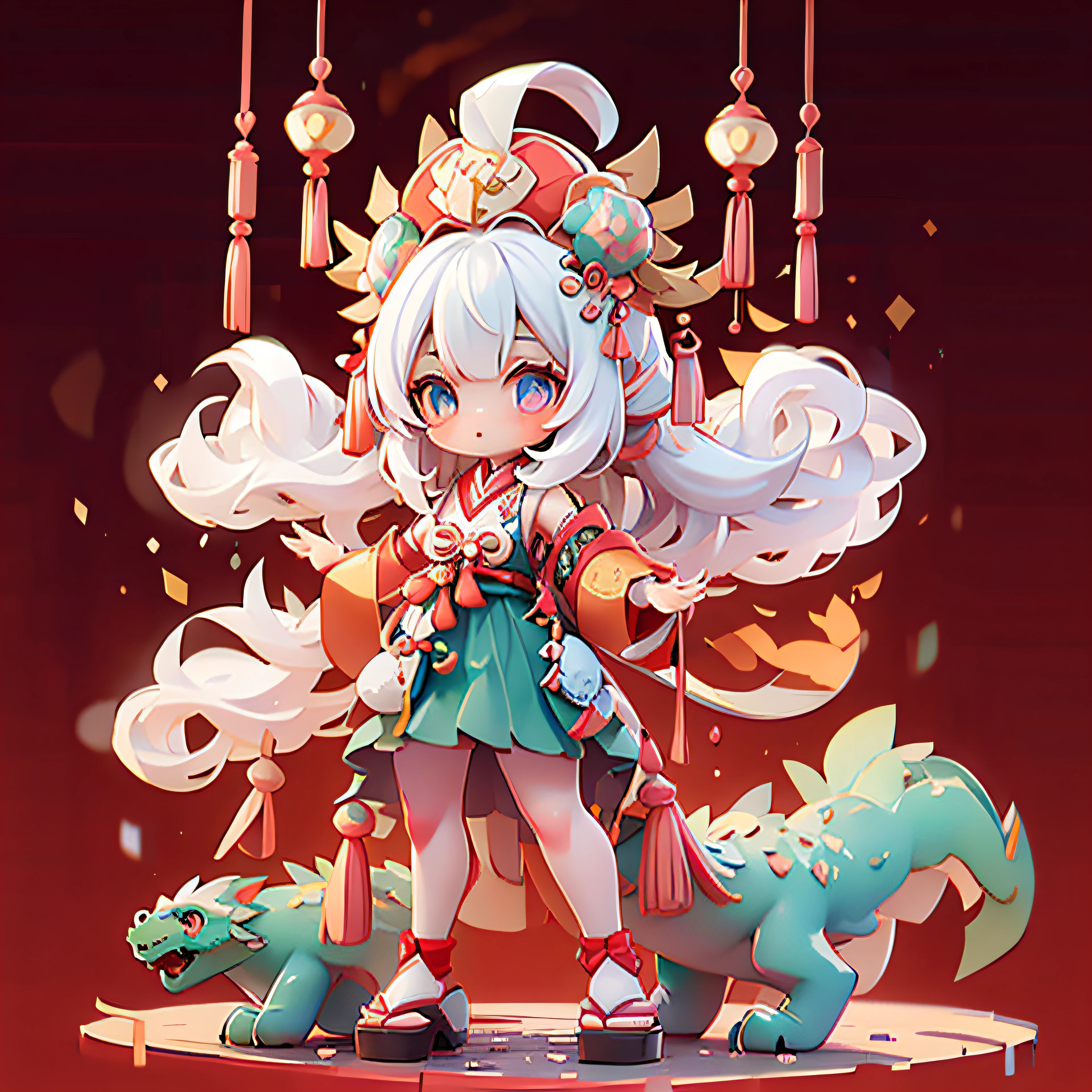 full bodyesbian,a cool girl,eyes with brightness,With dragon horns,Dragon's mouth,Dragon anthropomorphism,Sichuan opera costumes,Red white and blue color scheme,Super cute IP by Pop Mart,A blind box model full of Chinese Sichuan Opera cultural elements,Clay material,Surprising gloss,Clean white background,3Drenderingof,OC rendering,cinematric light,Best quality at best