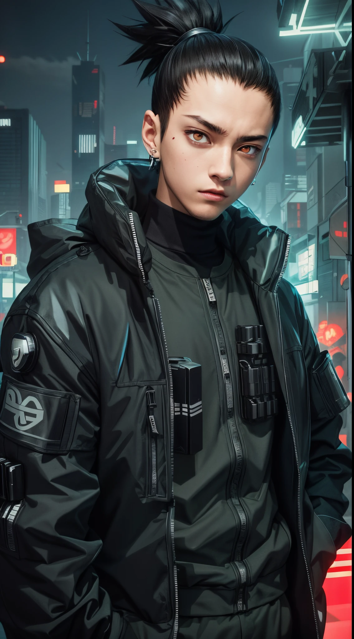 Masterpiece, 1boy, Superb Style, cyberpunk style, Streetwear clothes, Outdoor, Upper Body, Shikamaru nara, bright eyes, black hair, cool boy