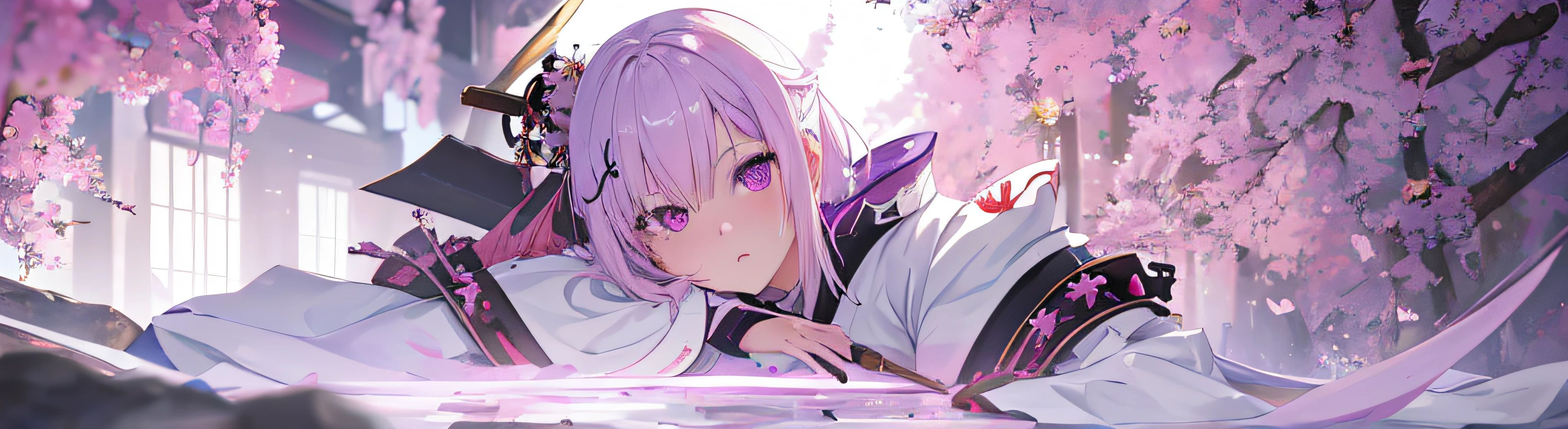 1 girl, white and pink hair, purple eyes, samurai, absurdres, high res, ultrasharp, 8K, masterpiece, looking at viewer, nsfv