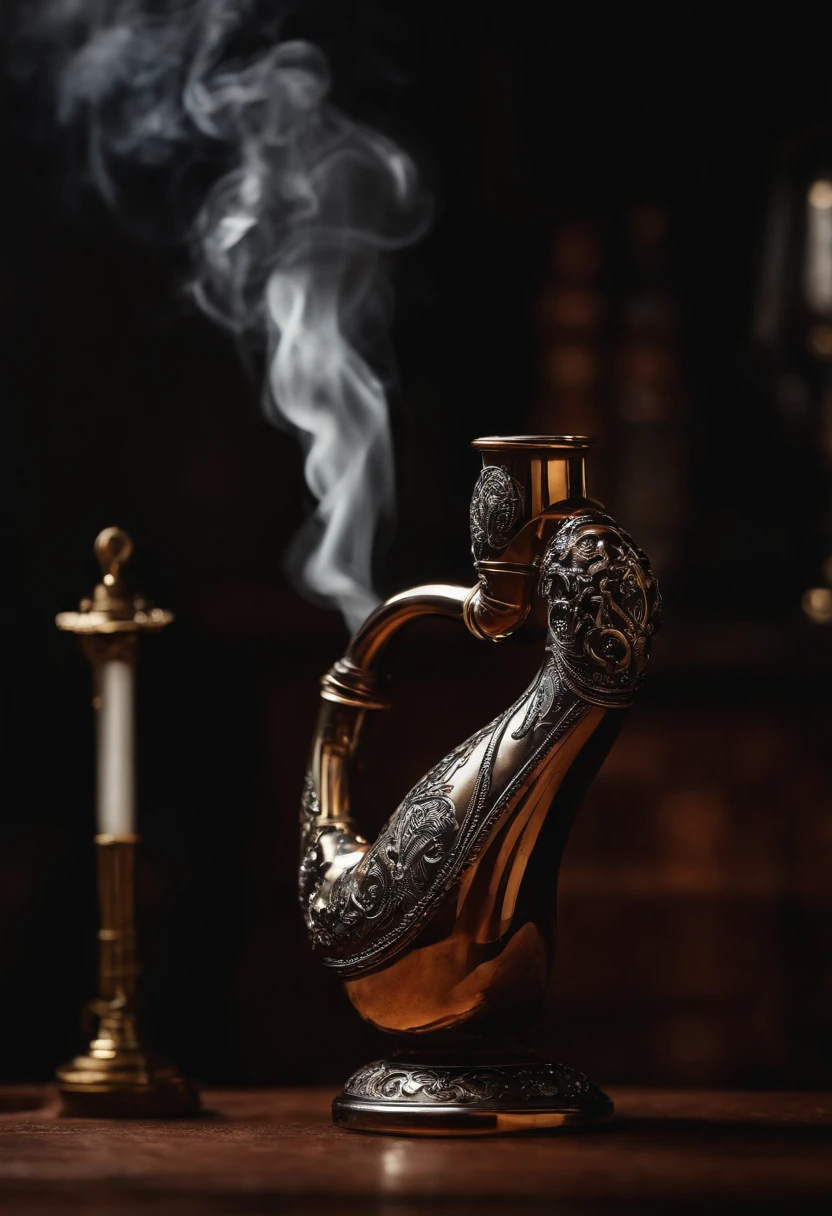 A close-up of a vintage pipe with swirling smoke floating above it.,original,being more than six feet tall, very lean, with piercing eyes and a thin hawk-like nose. Holmes's voice was high and occasionally strident.