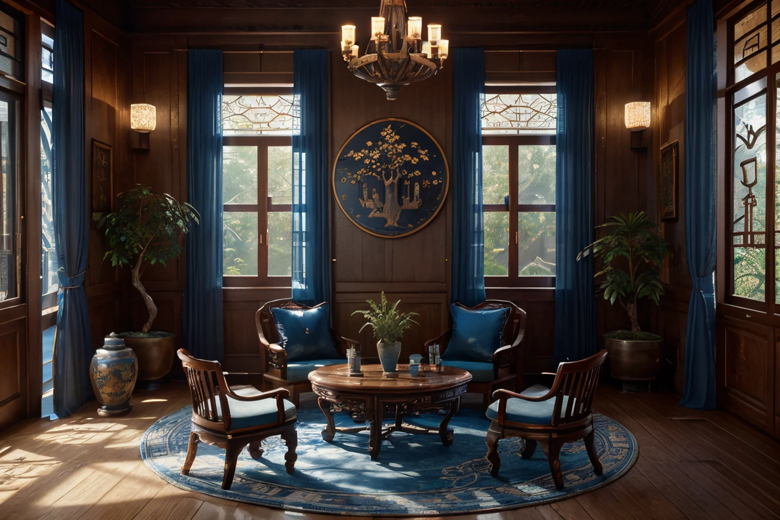 (antique interior design), Chinese home furnishings, round porch, depth, symmetrical design, ((antique carved door beams, carved beam paintings, tables and chairs, bonsai, vases, porcelain, trees, flowers, Chinese lamps, embroidery, screens, beds, cushions, blue sand curtains)), exquisite home, rich details, ancient Chinese Ming Dynasty style, quiet and elegant atmosphere, blue tones as the keynote, exquisite and soft painting style, cinematic lighting effects, HD picture quality, soft light, Tyndall effect, dreamy, rich details, Reference Gu Kaizhi, 32k, high quality, high resolution, (very detailed CG unity 8k wallpaper)