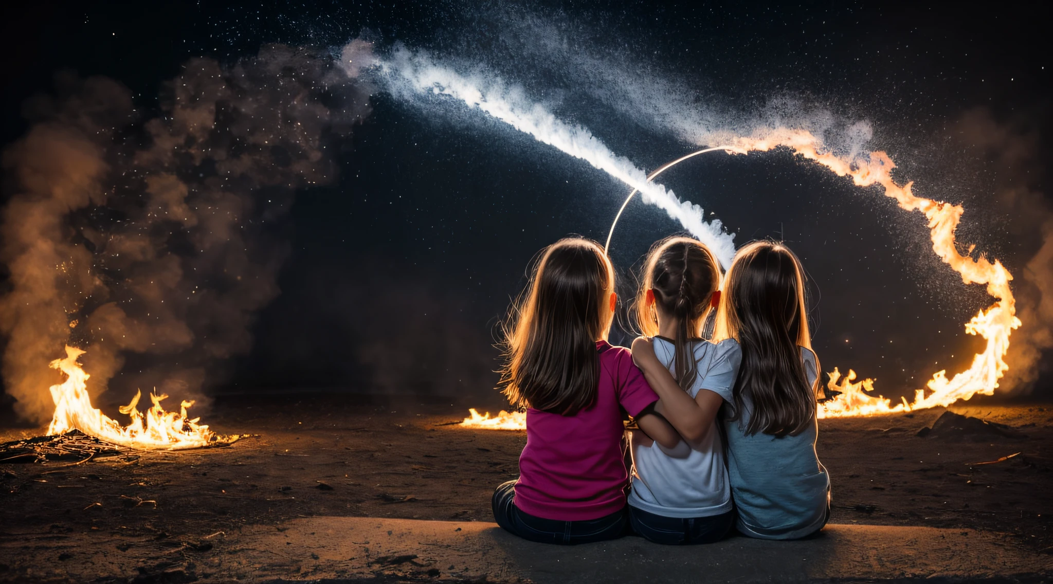 there are two CHILDREN girls in front of a ring of fire, tinta de luz difusa, pintura de luz, pintura de luz, tinta luminescente luminosa, Shutterstock, Tinta transparente, desfoque de movimento de pintura de luz, Foto retrato, halo de fogo luminoso, Vencedor do concurso Pexels, ponto de fogo, Foto vencedora do concurso Unsplash, Rotating smoke trails, Directed by: Sebastian Spreng