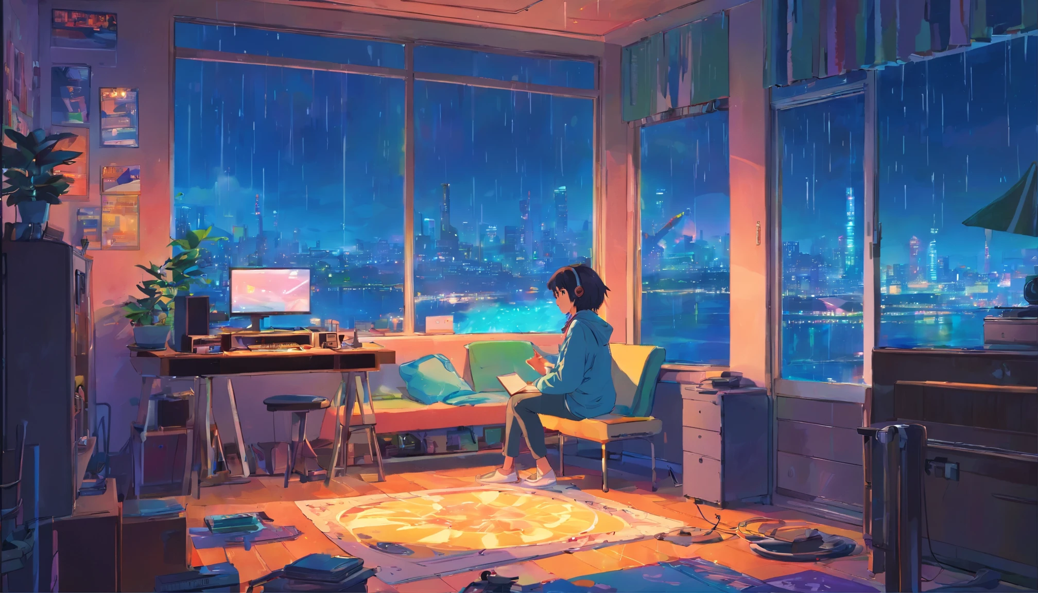 European Hippie Girl meditating in her room, dreaming, Wear headphones, night lights, Neon landscape on a rainy day, Analog Color Theme, Lo-Fi Hip Hop , retrospective, flat, 2.5D ,Draw a line, Ink Drawing, Large slope, Watercolor painting, Goosch Colors, Studio Ghibli Style, Awesome colorful, Outer Ton, krautrock, lofi art, 70s style,Old texture, amplitude,psychedelic vibe, masterpiece, Tremendous technology,