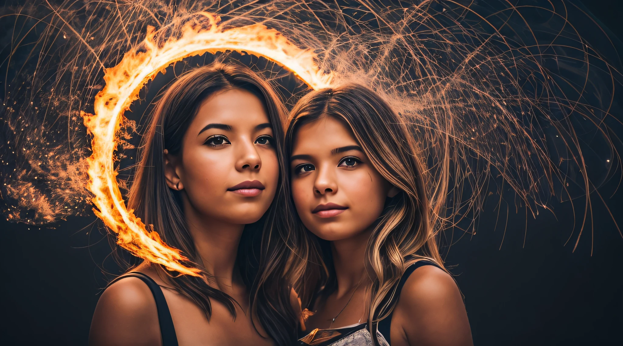 there are two CHILDREN girls BLONDE HAIR in front of a ring of fire, tinta de luz difusa, pintura de luz, pintura de luz, tinta luminescente luminosa, Shutterstock, Tinta transparente, desfoque de movimento de pintura de luz, Foto retrato, halo de fogo luminoso, Vencedor do concurso Pexels, ponto de fogo, Foto vencedora do concurso Unsplash, Rotating smoke trails, Directed by: Sebastian Spreng