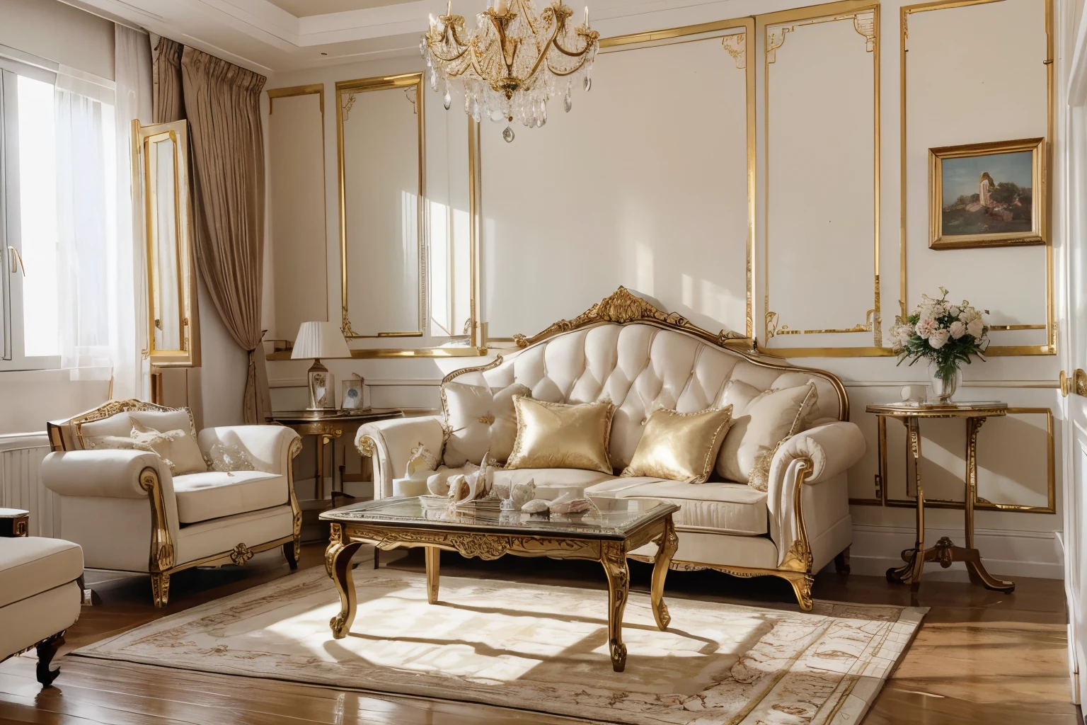 ,masterpiece, best quality,8k, ultra highres,When you step into the living room,Immediately surrounded by a strong atmosphere of luxury。Ornate crystal chandeliers hang from the tall hanging walls,Shine brightly。The sofa is covered with a soft white fluffy blanket,It's so comfortable that you can't help but indulge in it。In the corner of the living room is a delicate coffee table,Embellished with precious porcelain and champagne gold ornaments。Whenever it is late afternoon,The afterglow from the window spilled on the floor,Soft light and shadow are reflected,It was as if entering a fantastical dreamland。