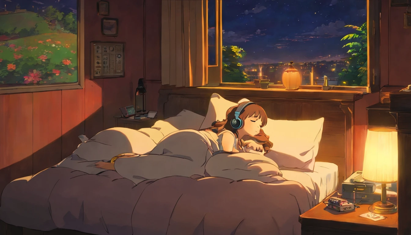 Girl sleeping in a comfortable room at night, Using headphones, 2D style anime, Lo-fi, Hard disk, Dark environment