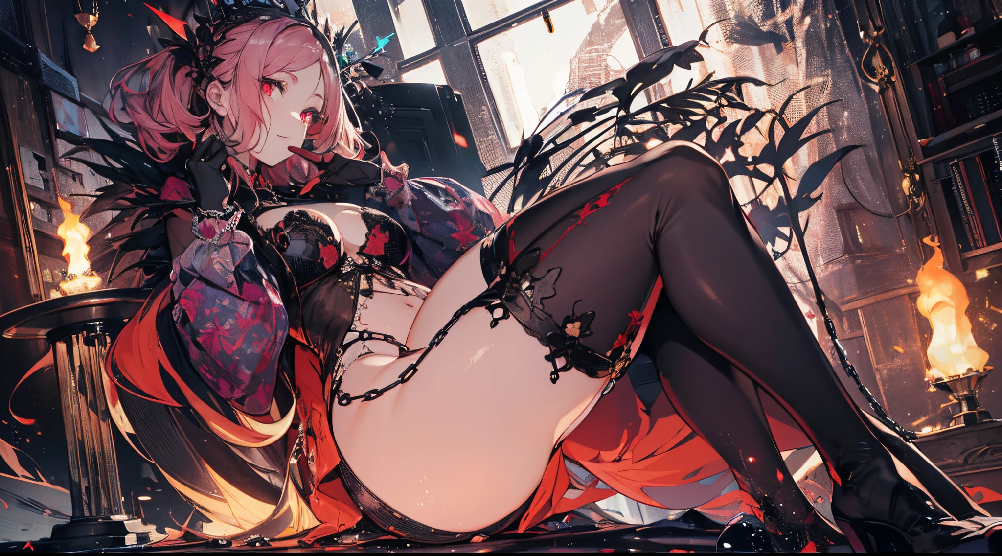 ((tmasterpiece:1.4,Best quality))+,(hyper-detailing)+,(詳細な目:1.5)+,(pointy ears:1.5),
(cute girls),15year old,(red color eyes:1.15),(Long pale pink hair:1.5),(wariza:1.2),pale-skinned,seduct smile,black crystal block,God of darkness'Fe,Red crystal on forehead,Black veil,
(She wears gorgeous black ritual clothes:1.5),(black Bracelet:1.4)The sleeves are extra-long,black spiked headdress,dense fog,white colossus,Dream bubbles,black fingernails,red apple,Sitting on an old wooden chair,metal chains,Black silk gloves,green spark effect,
(Demon Maiden:1.1),
(dawn light:1.2),
(Thick black and white:1.16),(depth of fields:1.4),Complicated details,color mixing,Detailed route,Excellent,super detailing,The content is very detailed,(hight contrast:1.11),ventania,Amazing cleavage,beautidful eyes,messy hair,(best illuminate,Extremely Delicately Beautiful), ((movie light lighting)), (seen from the side:1.3),8K,tmasterpiece,Best quality,cinematic Film still from,1 plump girl,(Close-up cleavage:1.1),bright,Interesting,gentlesoftlighting,(bauhause,shape,line engineering,Abstract:1.1)offcial art, Unity 8k壁纸, ultra - detailed, Beautiful and beautiful, tmasterpiece, Best quality, (dynamic angle:1.4),Perfect NwsjMajic,(tmasterpiece,top-quality,Best quality,offcial art,Beauty and aesthetics:1.2),The content is very detailed,rich colourful,highest details,