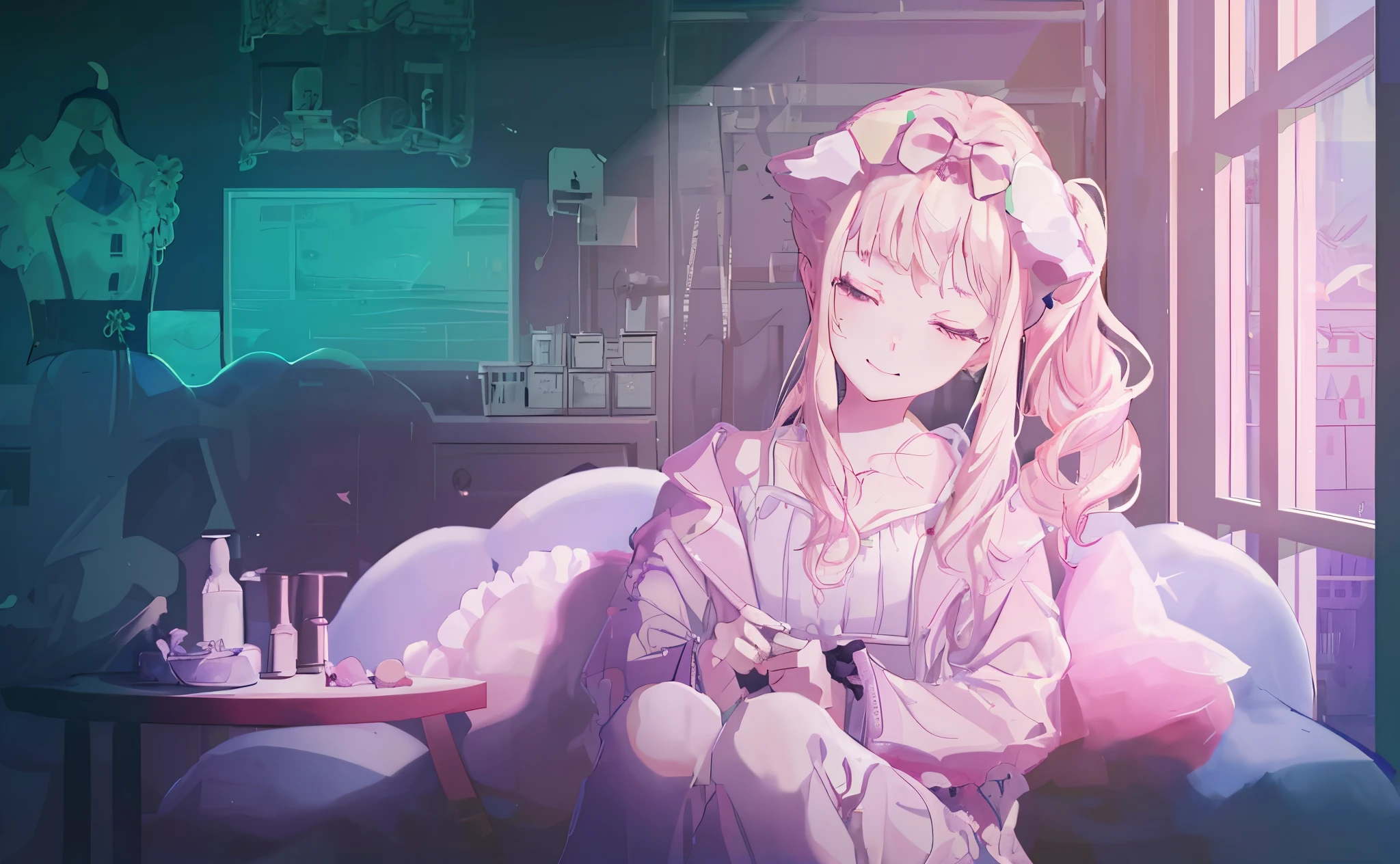 one-girl,Side single ponytail、Spiral sideburns、Bow knot、pyjamas,Cute sweet smile,sit on the sofa and rest,exquisite bedroom background