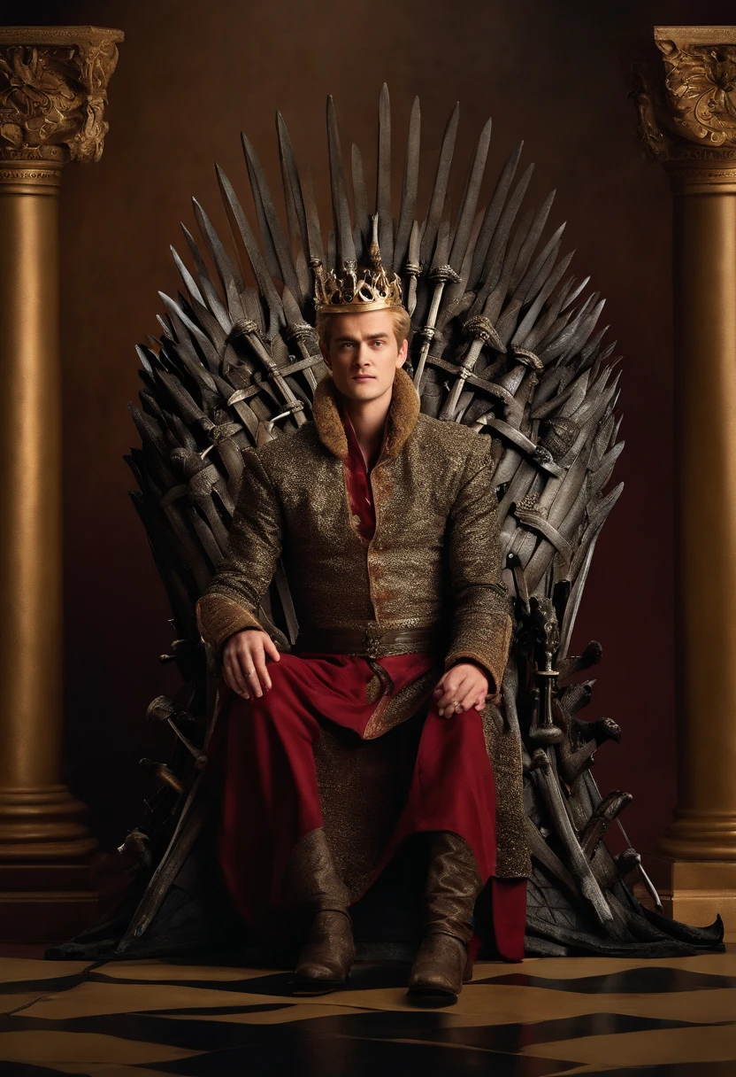 A photo of Joffrey sitting on a throne made of swords, wearing a menacing crown.,Game of Thrones TV series,Joffrey Baratheon, a character from “Game of Thrones,” presents with the fair-haired, aristocratic looks typical of the Lannister lineage, often displaying a smug, self-satisfied expression that mirrors his entitled demeanor. His youthful appearance is contrasted by a cold, sneering countenance, and he is usually adorned in lavish, regal attire befitting his status as a prince and later a king.