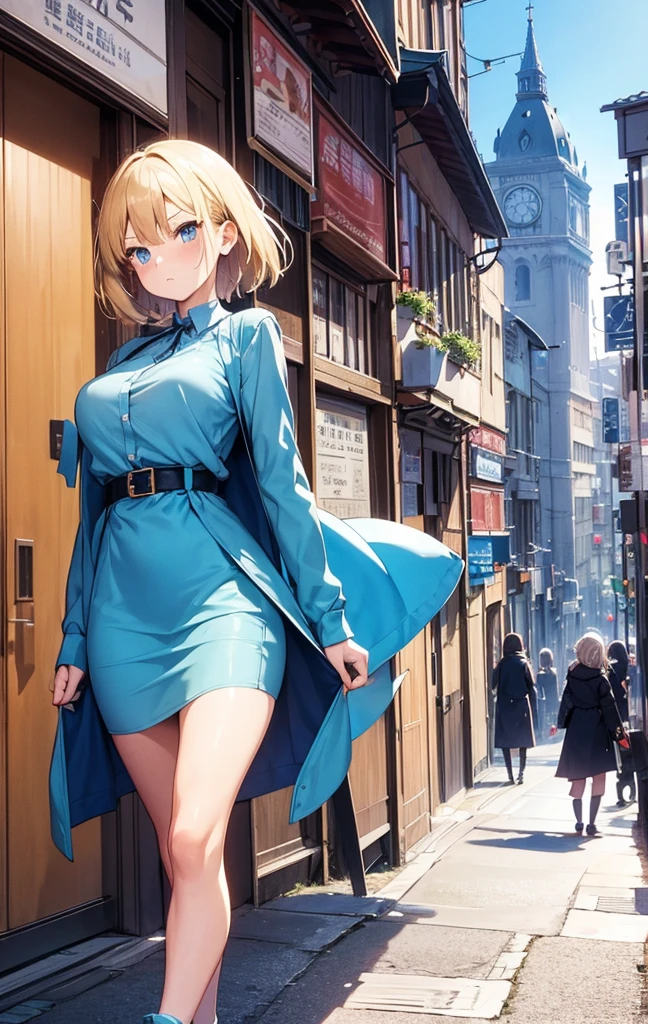 2D Anime Style、Beautiful blue eyes(Talented lo-fi:1.3),breasts are slightly larger、Blonde Shorthair,Cool adult woman with a serious expression.,feather dress,Wear a long coat,walking in city,European-style cityscape,